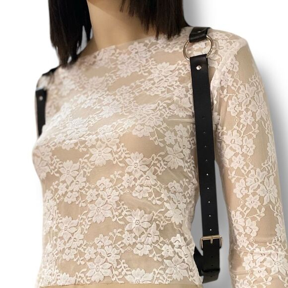 Black Wide Strap Silver Metal Chest Body Harness Belt - NEW - Picture 5 of 6